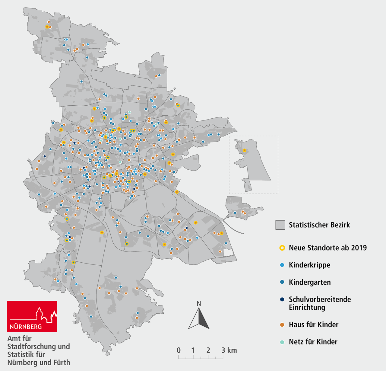 Abbildung C 4.2: Standorte der Kindertageseinrichtungen (ohne Horte) in N&uuml;rnberg nach Art der Einrichtung, April 2025. Eine ausf&uuml;hrliche Beschreibung erfolgt im Anschluss.