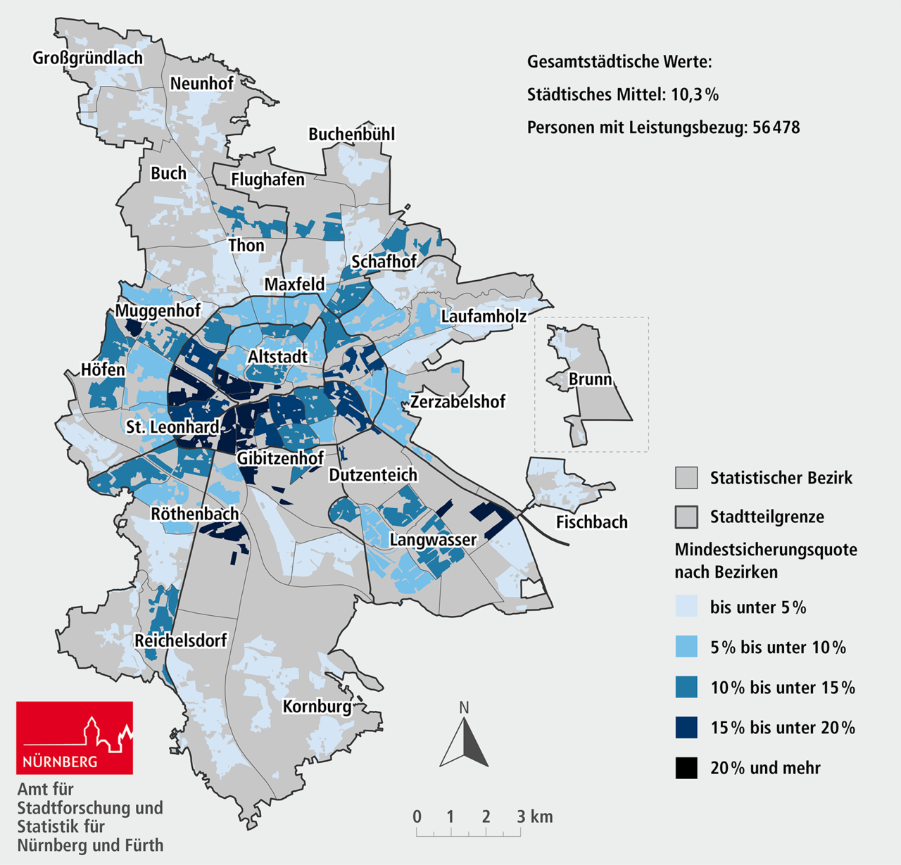 Abbildung A 4.4: Karte Mindestsicherungsquote im Stadtgebiet, 2024. Eine ausf&uuml;hrliche Beschreibung erfolgt im Anschluss.