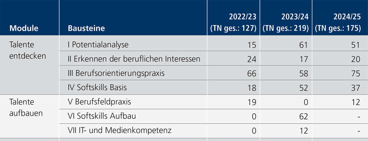 Tabelle E 5.3: Berufsorientierungsmodule an den f&uuml;nf N&uuml;rnberger Sonderp&auml;dagogischen F&ouml;rderzentren Schuljahre 2022/23 bis 2024/25. Eine ausf&uuml;hrliche Beschreibung erfolgt im Anschluss.