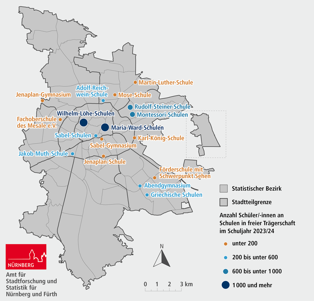 Abbildung D 3.5 Standorte der allgemeinbildenden Schulen in freier Tr&auml;gerschaft in N&uuml;rnberg nach Sch&uuml;lerzahl, Schuljahr 2023/24. Eine ausf&uuml;hrliche Beschreibung erfolgt im Anschluss.