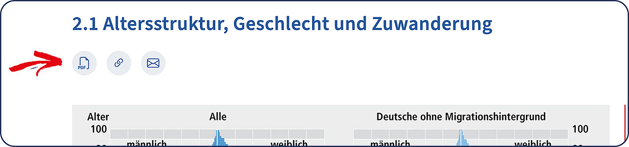 Ein Pfeil zeigt auf das Bedienfeld zum PDF-Download und Versand von Inhalten.